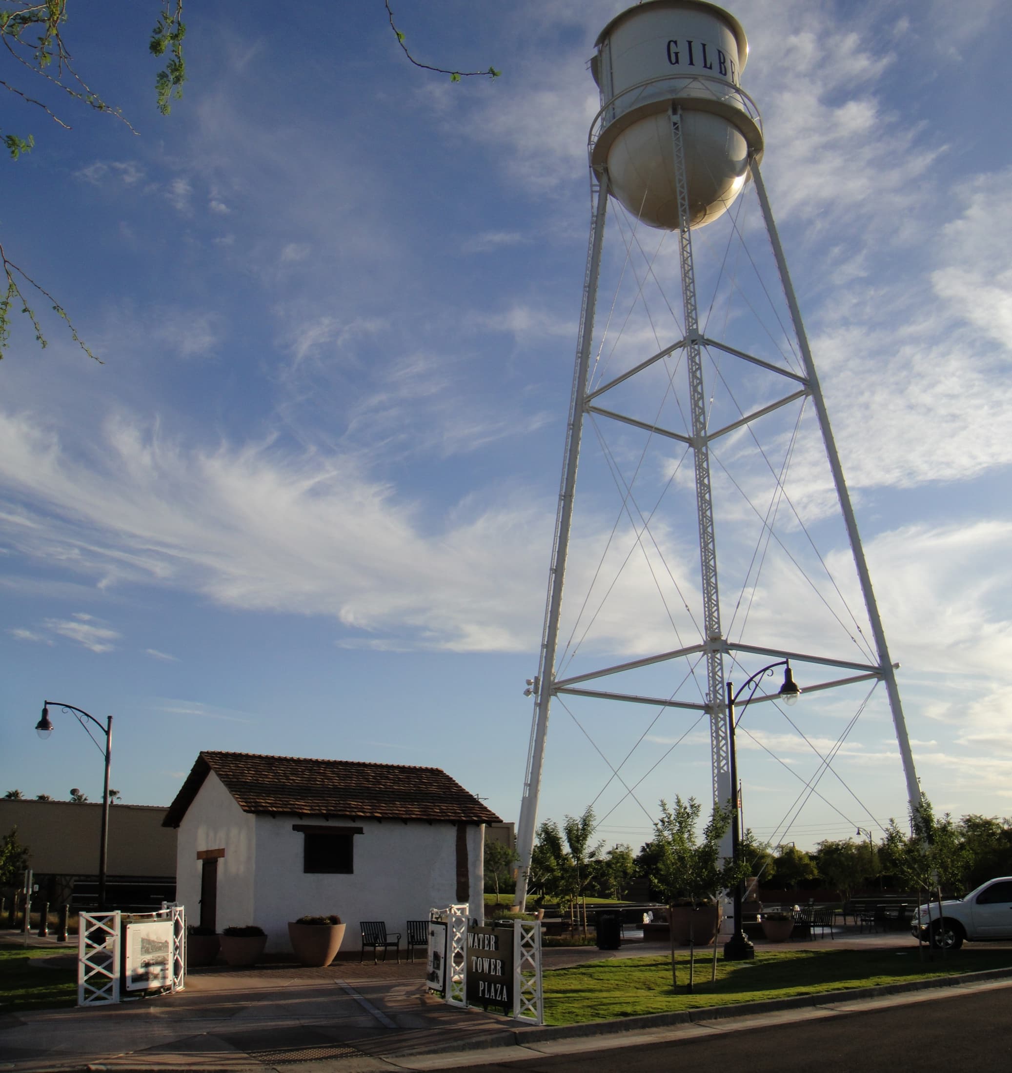 The historic Gilbert Water Tower at Water Tower Plaza in the Heritage District