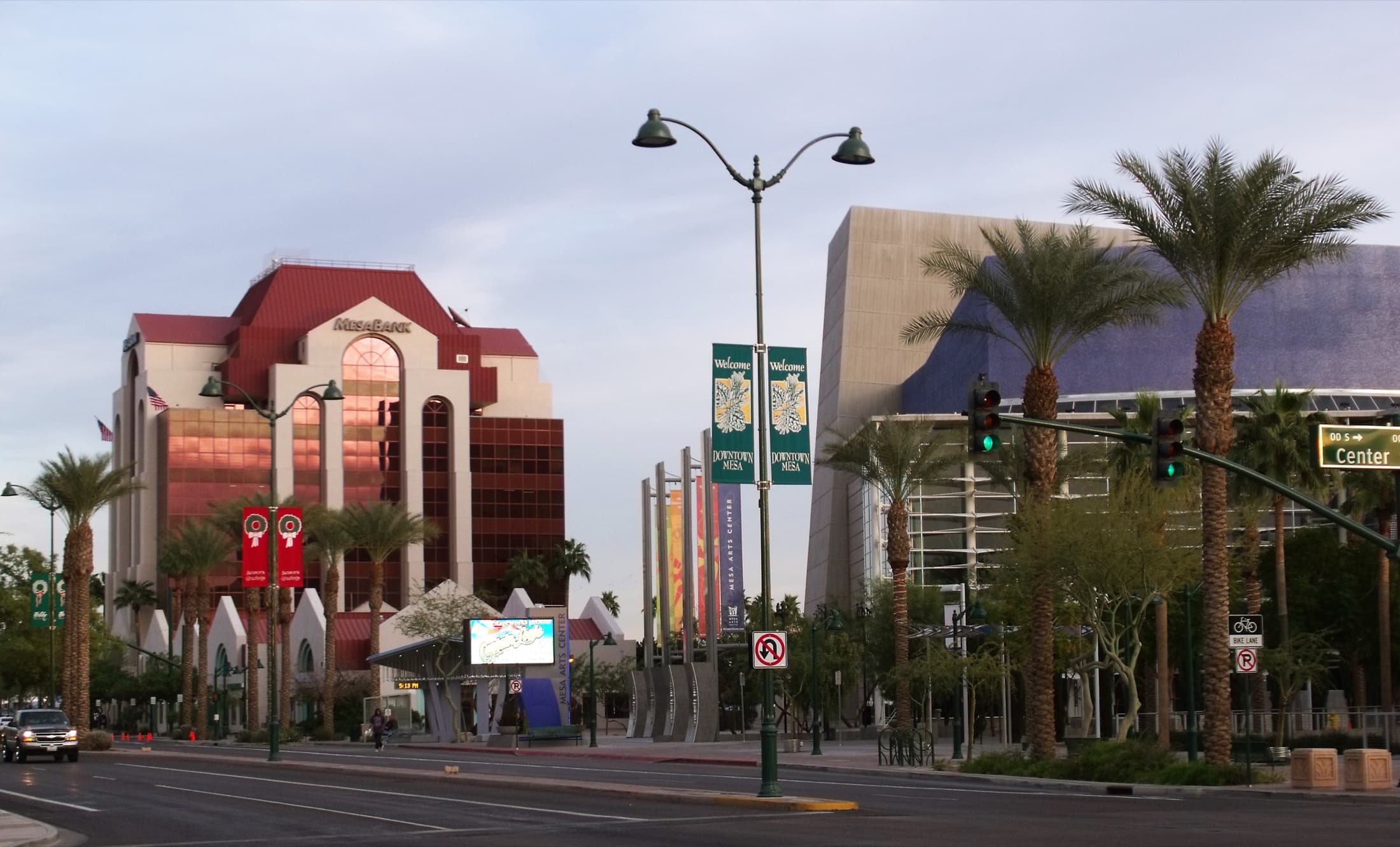 Downtown Mesa's Main Street with the Mesa Arts Center and MesaBank building